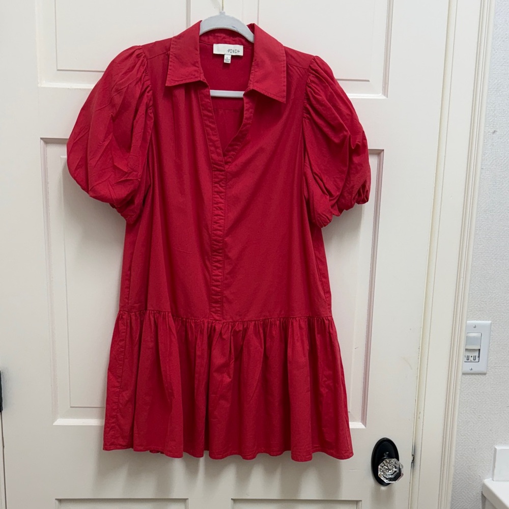 Pinch Puff-Sleeve Red Drop Waist Dress